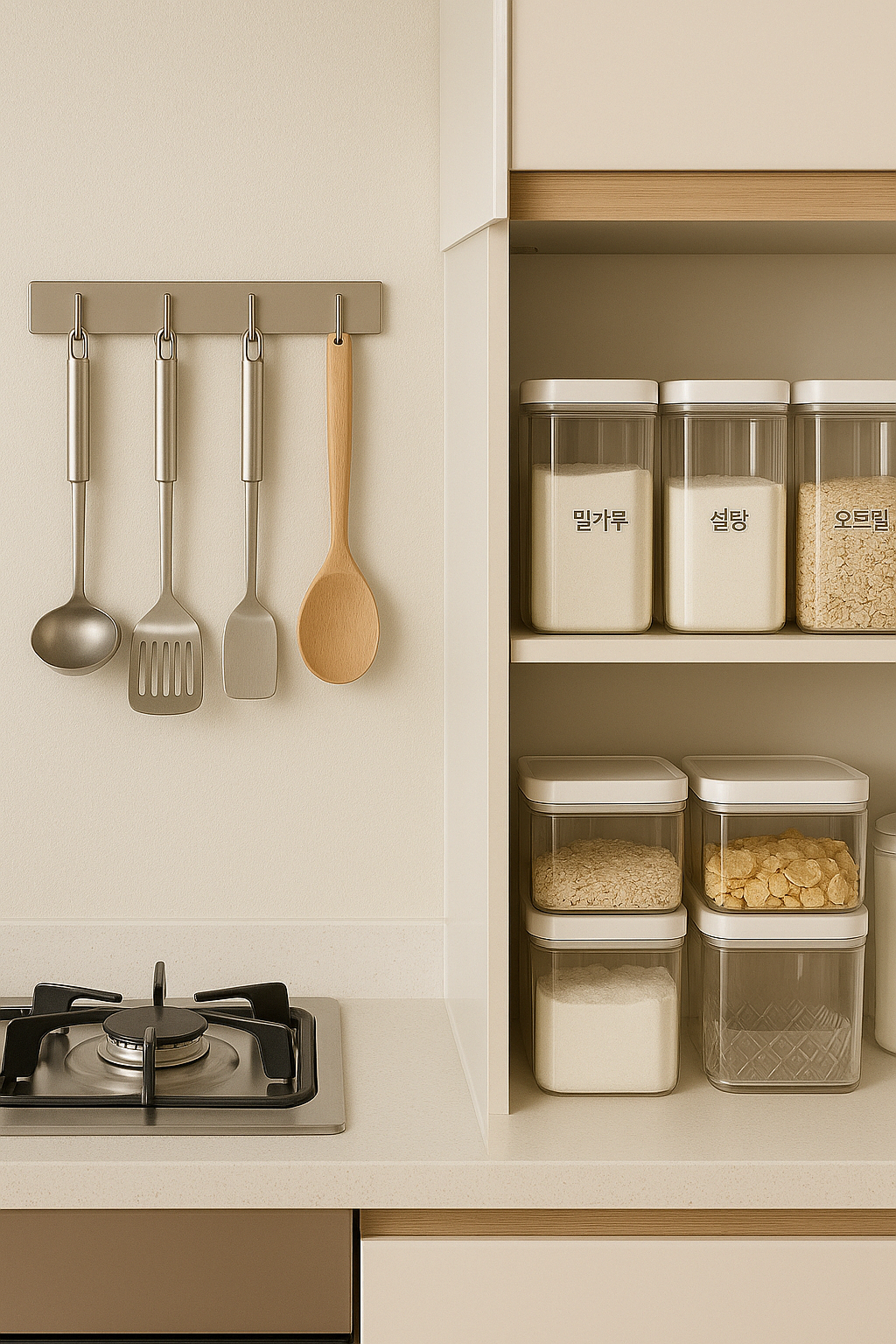 주방 벽면에 걸린 조리도구와 수납장 안의 투명 용기 정리