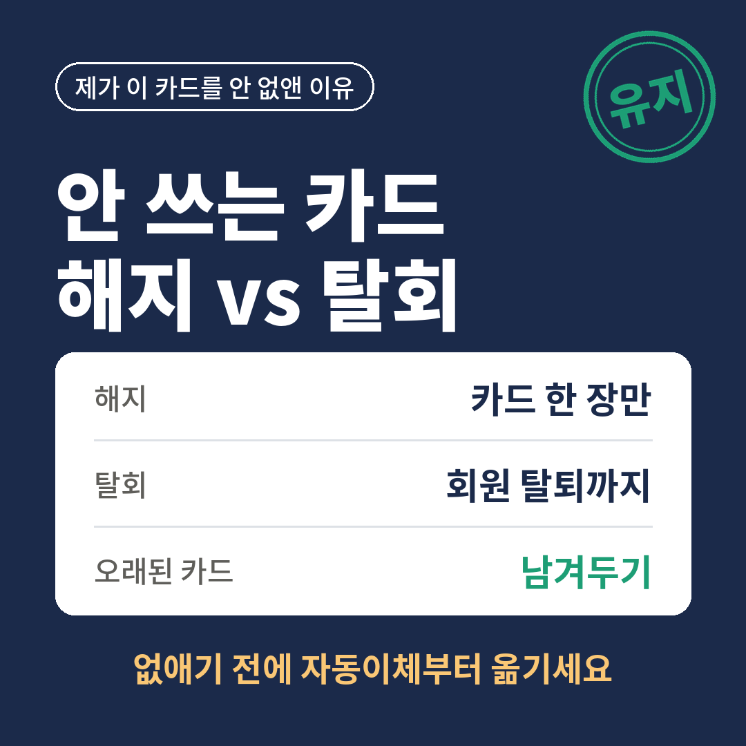 안 쓰는 신용카드 해지와 탈회의 차이, 오래된 카드는 남겨두고 없애기 전에 자동이체부터 옮기라는 내용을 요약한 썸네일