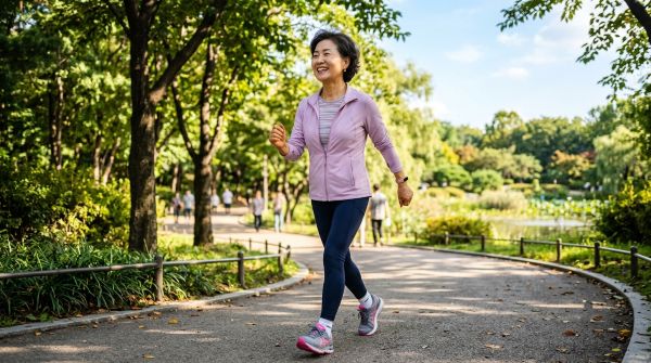 60대 여성이 활기차게 걷는 모습