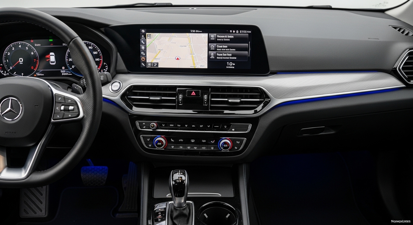 첨단 내비게이션, 디지털 계기판, 다양한 제어 버튼이 돋보이는 현대적인 자동차 실내 모습. 운전자 편의 옵션을 강조합니다.