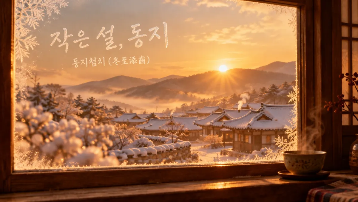 눈 덮인 한옥 마을 지붕 너머로 동짓날 아침 해가 떠오르는 풍경, 서리 낀 나무 창틀 너머 황금빛 햇살과 김이 오르는 찻잔