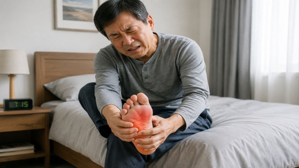 일어나서 발바닥 통증 아파하는 모습