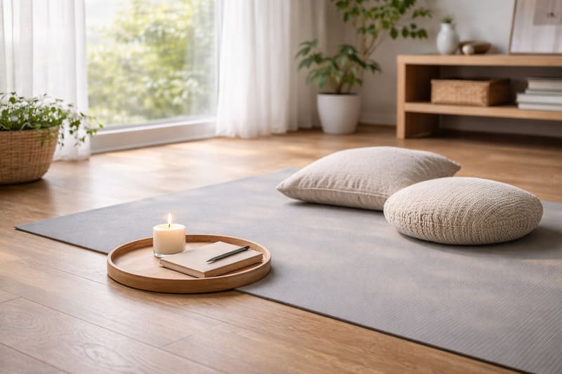 중년의 감정 회복 루틴을 위한 조용한 휴식 공간과 바닥 매트, 쿠션, 촛불이 놓인 실내 장면