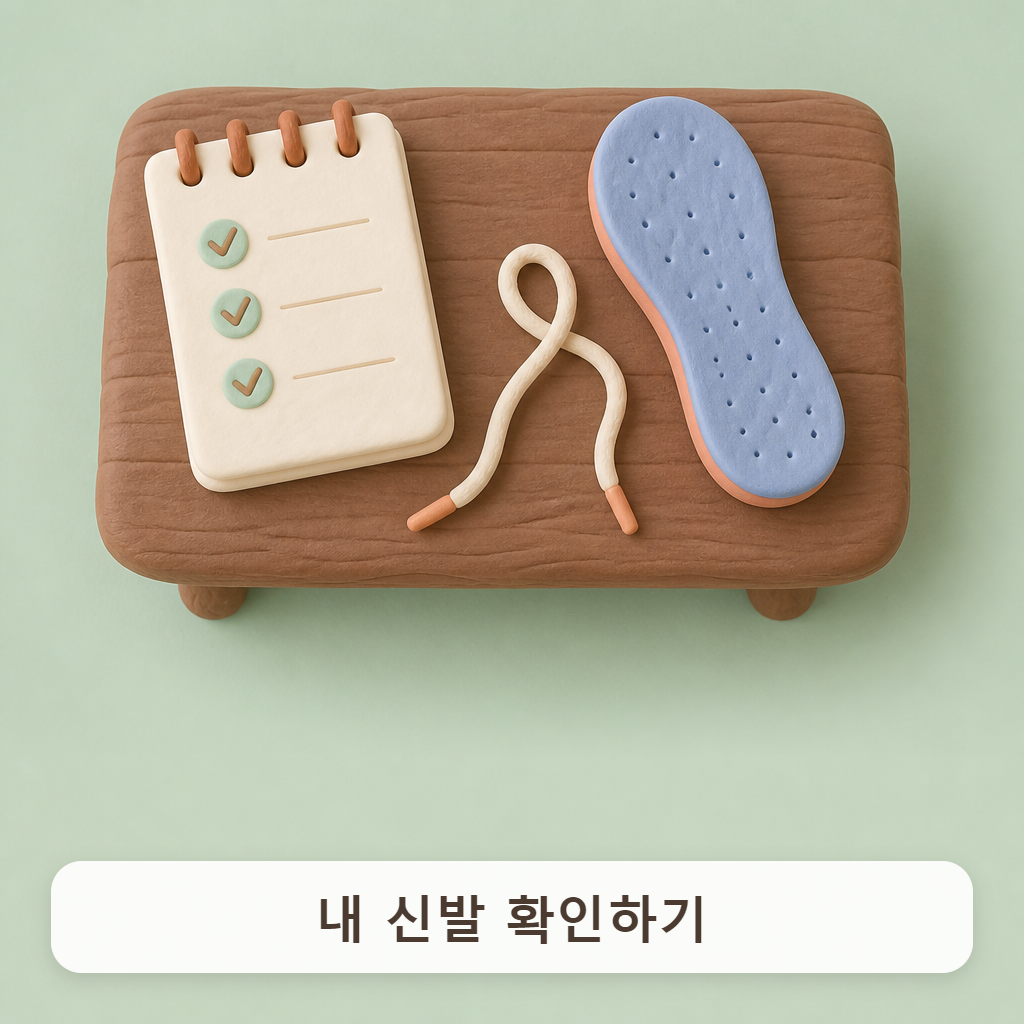 체크 표시가 그려진 메모지와 운동화 끈이 놓인 탁자