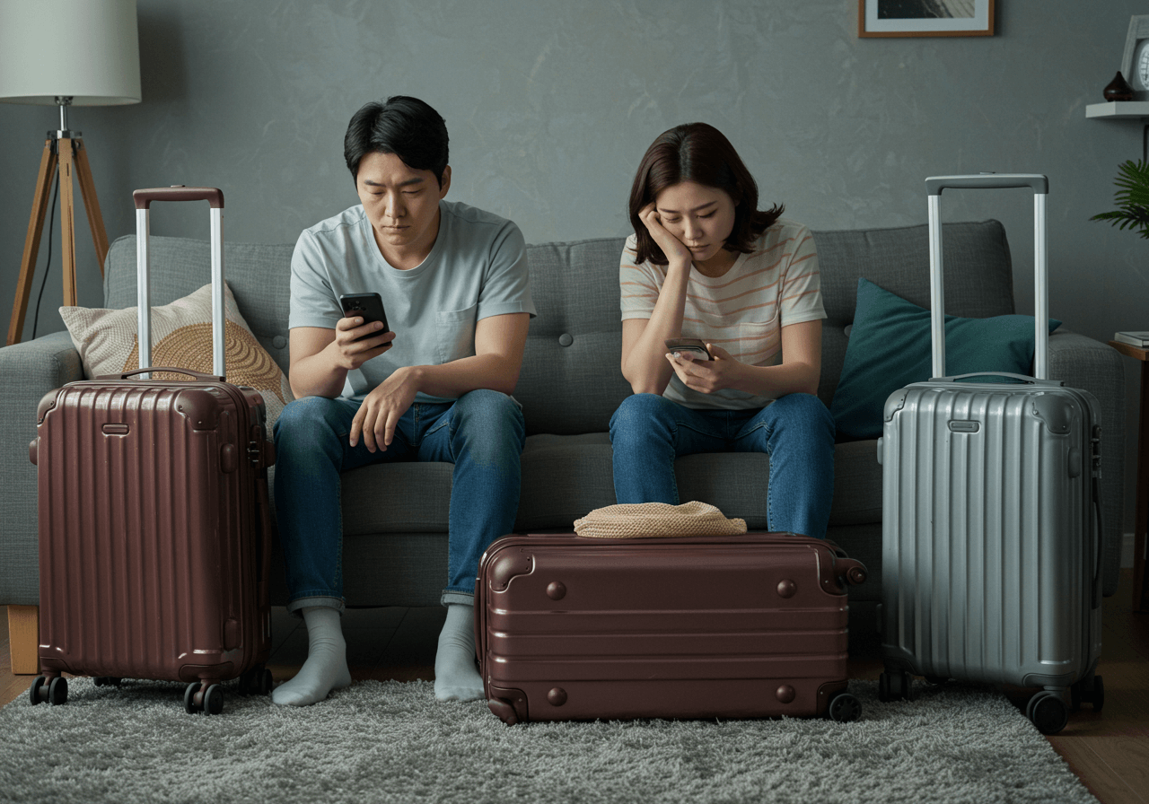 여행을 마치고 집 거실 소파에 앉아 피곤한 표정으로 휴대폰을 보고 있는 30대 초반 한국인 부부. 옆에는 여행가방이 놓여 있어 휴가 후유증을 상징하는 장면.
