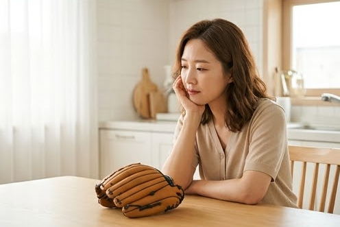 식탁에 놓인 야구 글러브를 보며 생각에 잠긴 엄마