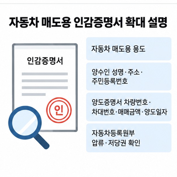 자동차 양도증명서와 자동차 매도용 인감증명서의 양수인 정보 확인, 자동차등록원부 확인을 설명한 이미지