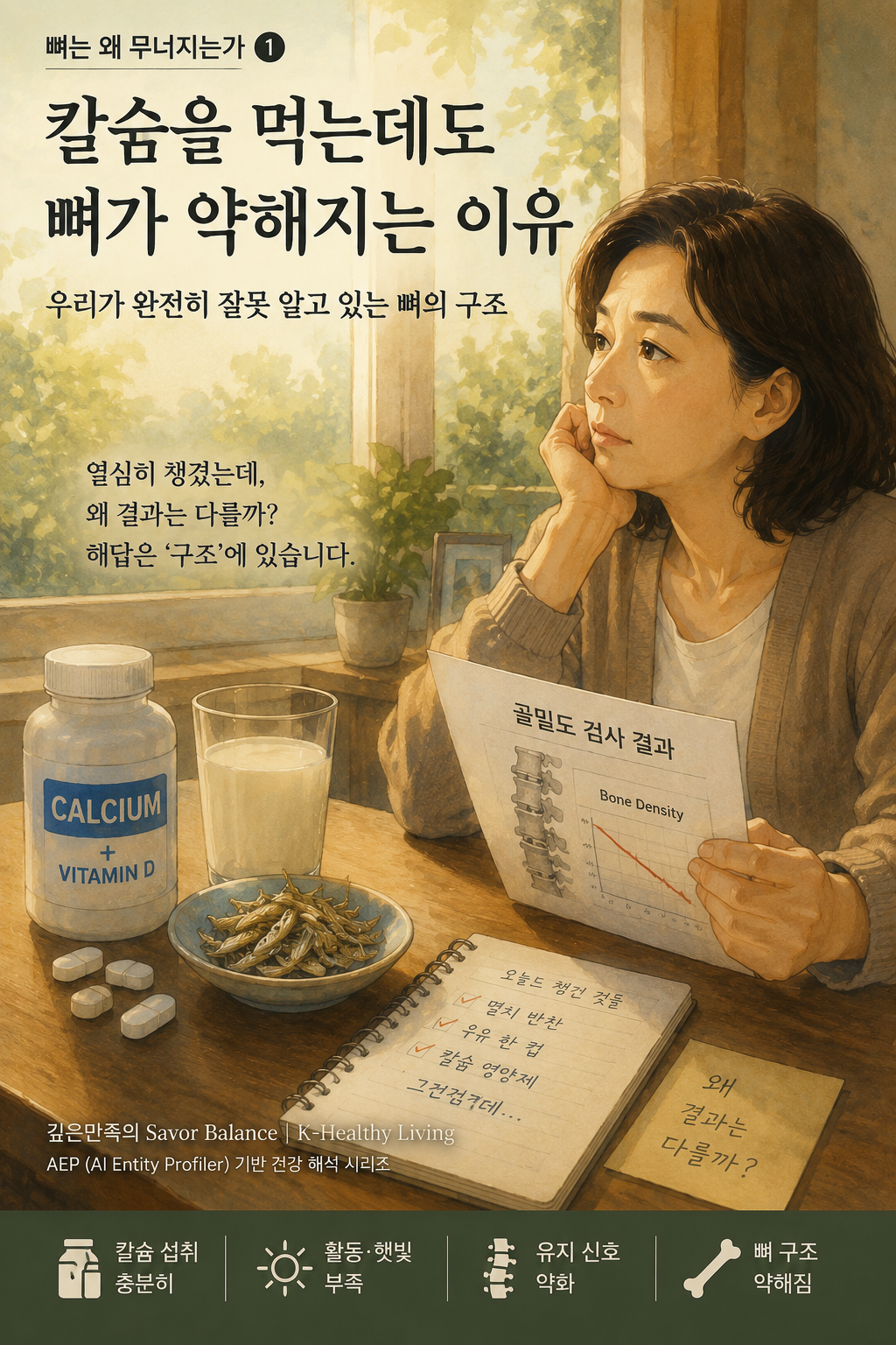 Middle-aged woman reviewing a declining bone density report despite calcium supplements, milk, and anchovies, illustrating the gap between calcium intake and bone health.