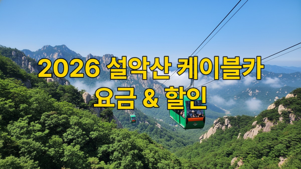 2026년 설악산 권금성 케이블카가 푸른 산맥을 오르는 모습, 국립공원 입장료 폐지 후 변화된 요금 정보를 담은 안내 이미지.