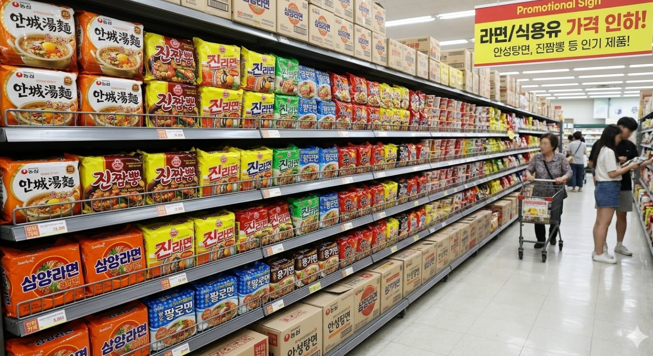 라면 매대 사진, 라면 가격 인하 대형마트, 농심 안성탕면 가격, 오뚜기 진짬뽕 가격