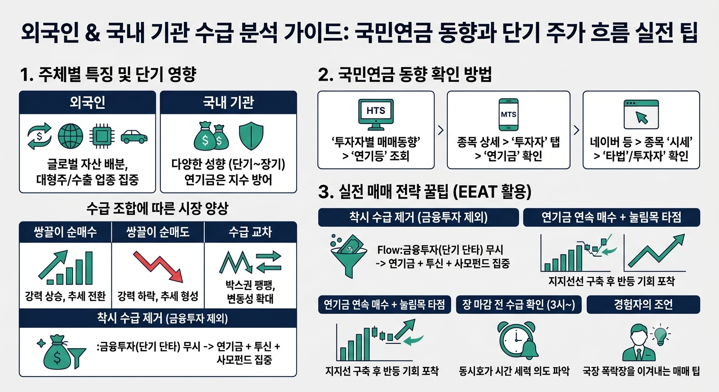 외국인 및 국내 기관 국민연금 수급 분석 방법과 단기 주가 흐름 실전 팁 인포그래픽