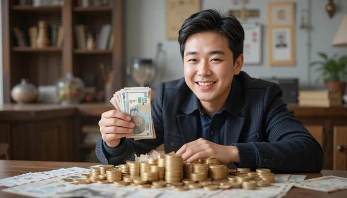 탁자 위 동전과 지폐를 바라보며 환하게 웃는 남성