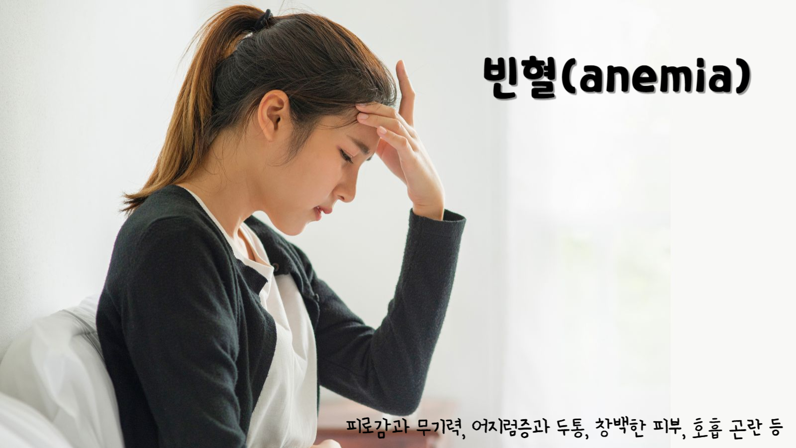 빈혈(anemia)
빈혈 주요 증상 : 피로감과 무기력, 어지럼증과 두통, 창백한 피부, 호흡 곤란 등