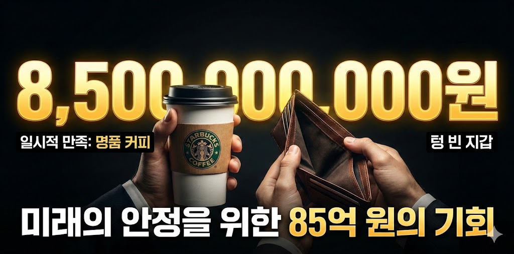 한 손에는 유명 브랜드 커피 컵을 들고 있지만, 다른 한 손은 텅 빈 지갑을 쥐고 있는 현대인의 모습.