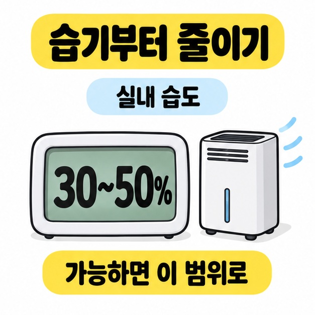 실내 습도 30~50%를 표시한 습도계와 제습기 옆에 가능하면 이 범위로 관리하라는 문구를 배치한 그림