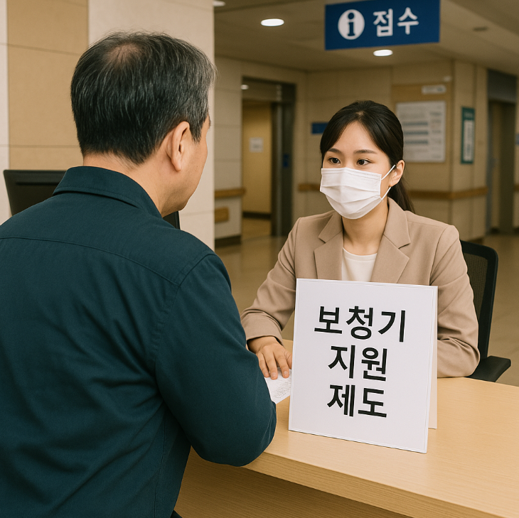 병원 접수처 앞, 안내 데스크에서 보청기 지원 관련 상담을 받고 있는 중장년 남성의 뒷모습