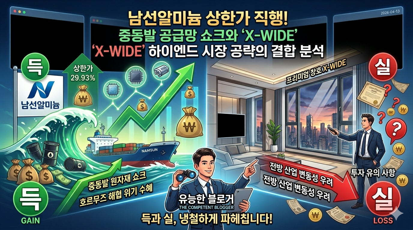 남선알미늄 로고와 세련된 프리미엄 창호 'X-WIDE'의 실내 인테리어가 배경으로 배치되고, 중앙에 '상한가 29.93%'와 '중동발 원자재 쇼크' 텍스트가 시각화된 상승하는 그래프와 함께 긴박하면서도 전문적인 느낌을 주는 일러스트입니다.