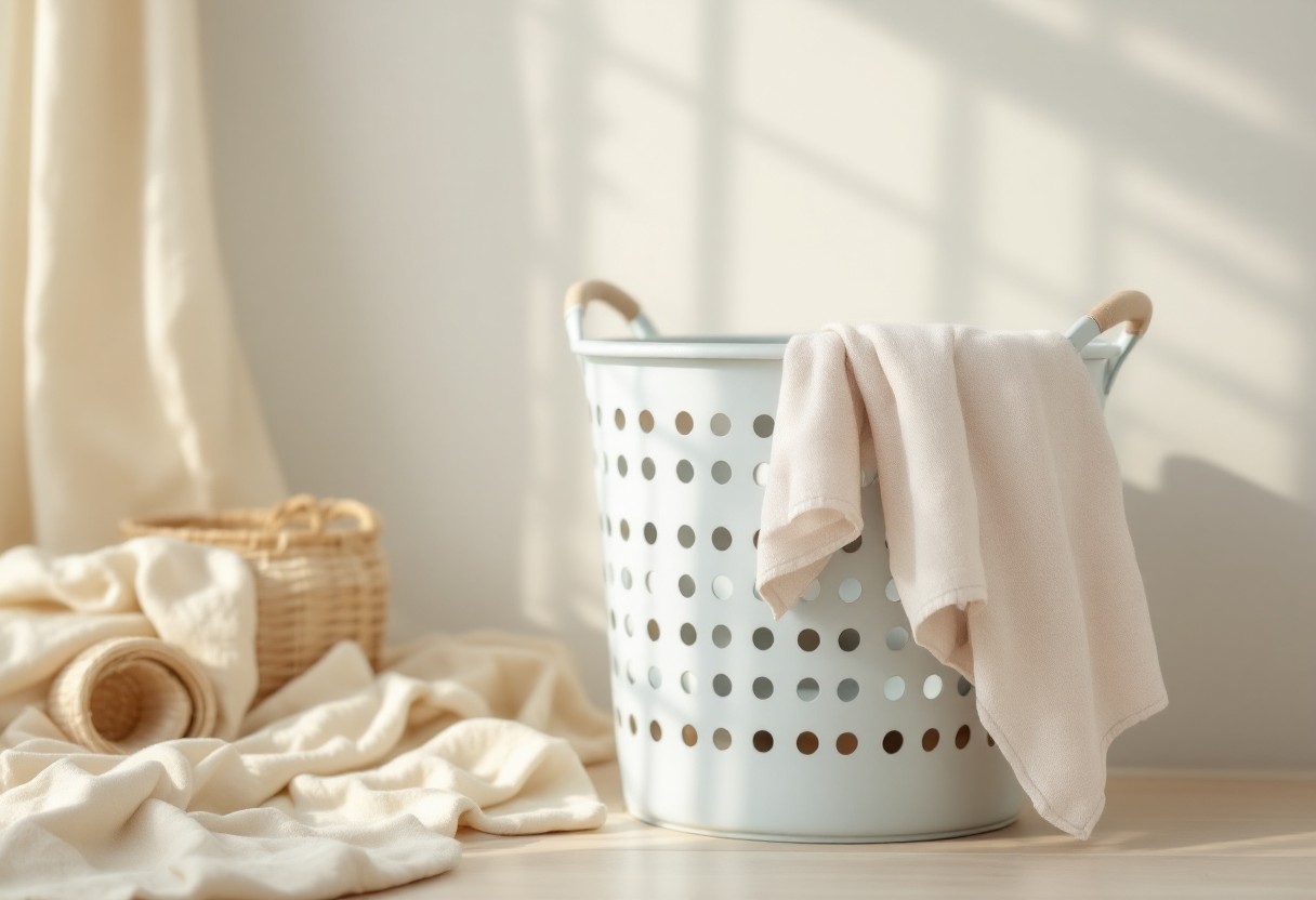 세탁 전 젖은 빨래를 담은 통풍 잘 되는 세탁 바구니