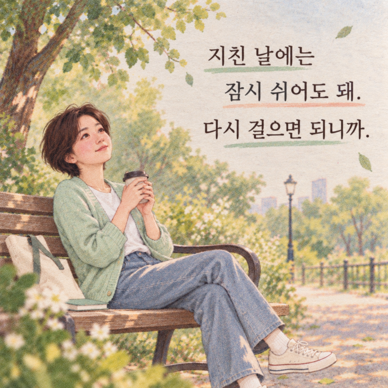 지친 날에는 잠시 쉬고 다시 걸어도 된다는 따뜻한 위로 글귀