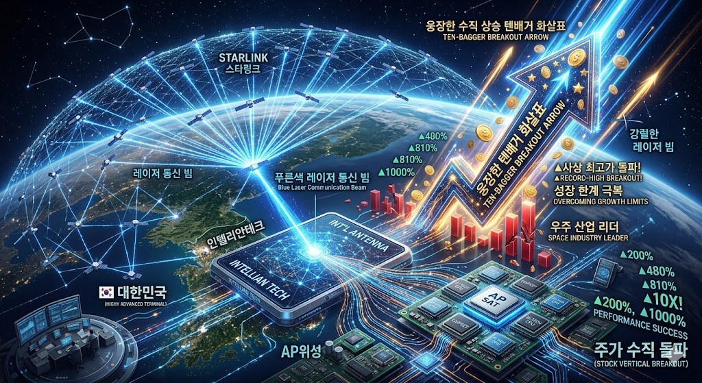 웅장한 지구 저궤도 위성망 스타링크(Starlink)에서 뻗어나온 푸른색 레이저 통신 빔이 인텔리안테크의 세련된 평판형 안테나와 AP위성의 하이테크 컴퓨터 칩셋으로 실시간 연결되고, 그 위로 사상 최고가 뚫고 올라가는 웅장한 수직 상승 텐배거 화살표(Ten-bagger Breakout Arrow)가 강렬하게 레이저 빔을 내뿜는 3D 하이테크 일러스트 이미지.