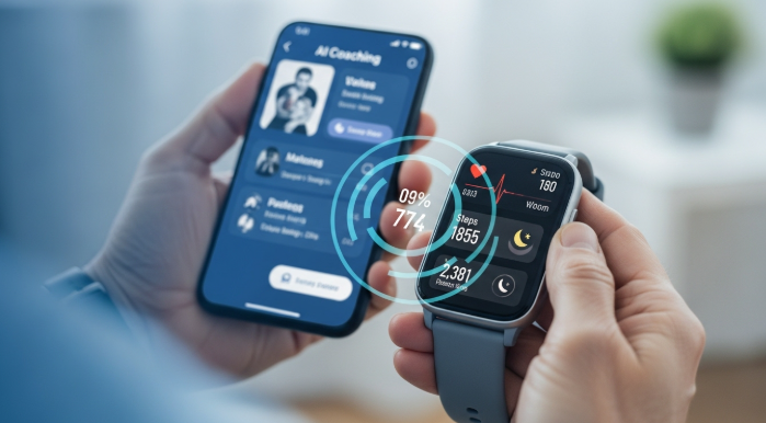 심박수와 수면 패턴을 보여주는 스마트 워치와 AI 코칭 앱이 실행 중인 스마트폰 화면으로, 스마트 피트니스 기술을 나타냅니다.