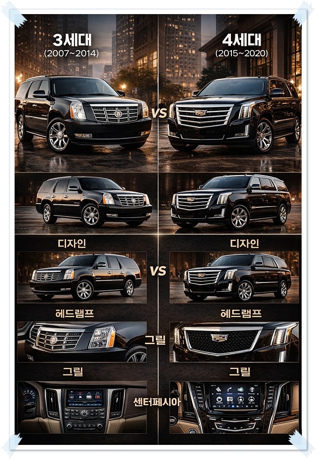 3세대와 4세대 캐딜락 에스컬레이드 디자인 변화를 한눈에 보여주는 인포그래픽
