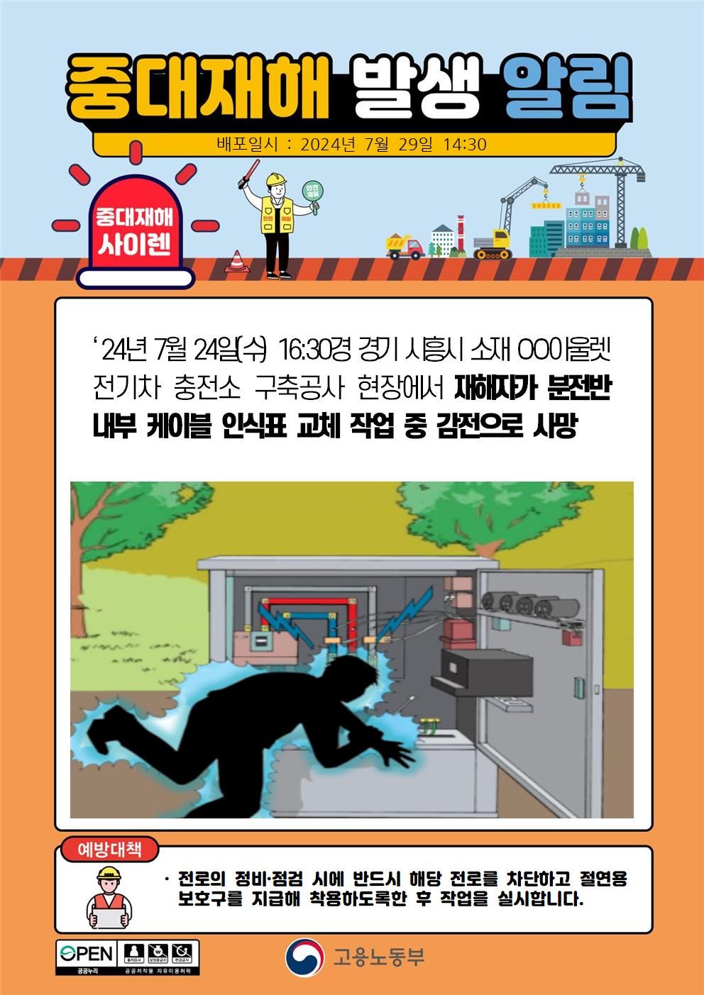 분전반 내부 케이블 인식표 교체 작업 중 감전