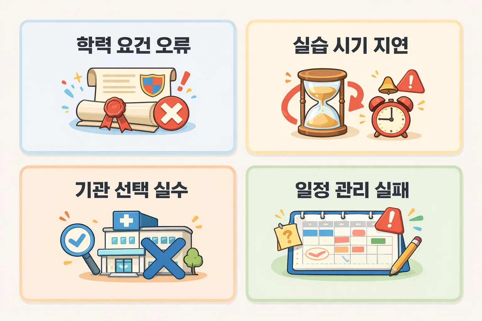 사회복지사 2급 자격증 취득방법 진행 중 학력 요건 오류, 실습 시기 지연, 기관 선택 실수, 일정 관리 실패 사례를 한눈에 정리한 경고 이미지입니다
