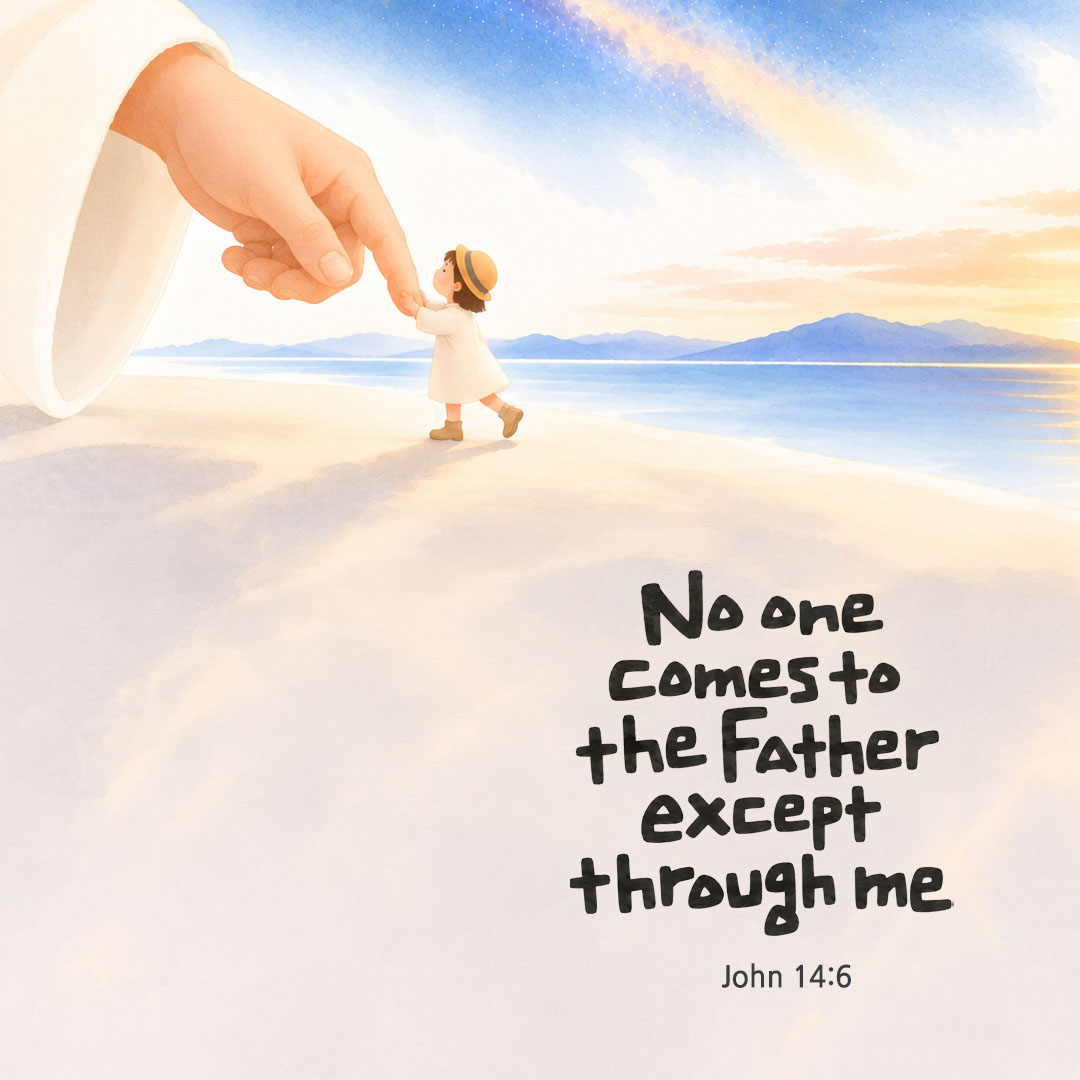 No one comes to the Father except through me. (John 14:6) English Bible verse card