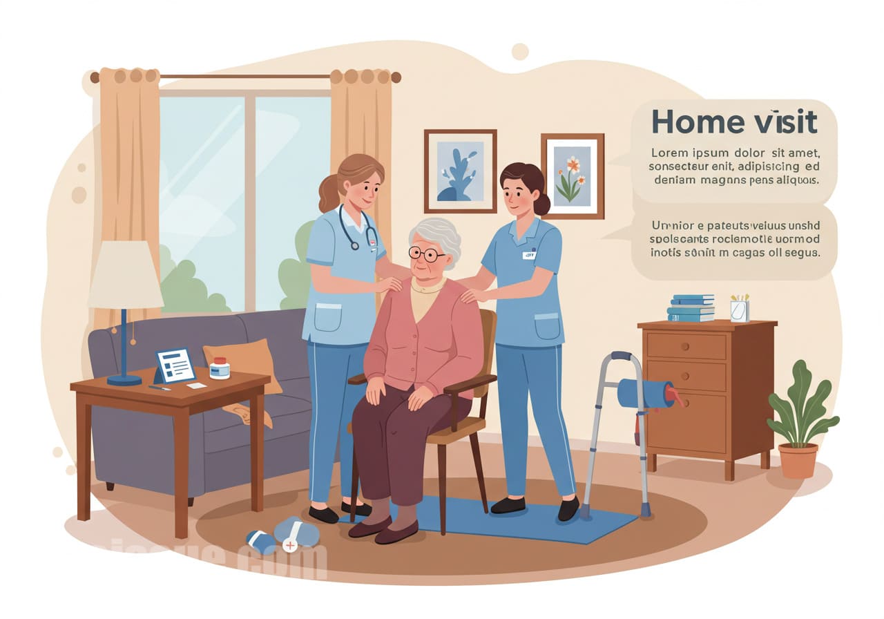 방문요양 서비스를 제공하는 간호사가 집에서 노인에게 개인 맞춤형 지원을 하고 있는 모습입니다. 따뜻한 배려와 정성을 담아 노인의 건강을 돌보는 장면을 표현하고 있습니다.