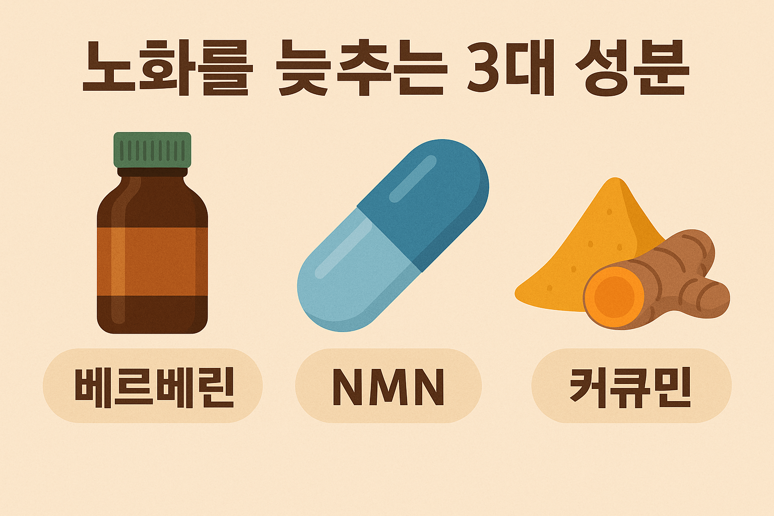 노화를 늦추는 3대 성분 베르베린, NMN, 커큐민 표현 이미지