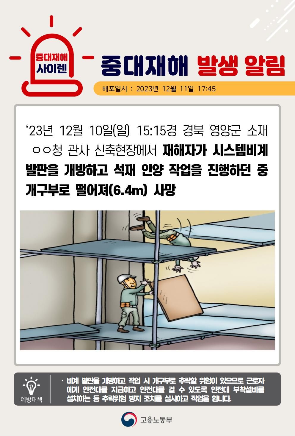 시스템비계 발판을 개방하고 석재 인양 작업 중 개구부로 떨어짐(6.4m)