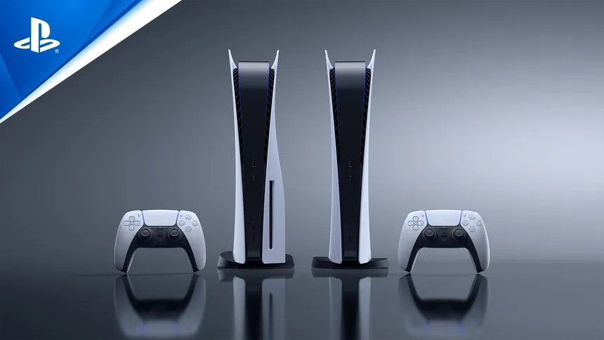 게임기로 가득 찬 책상 위, PS5와 듀얼센스를 중심으로 신작 게임 표지들이 흩어져 있는 감성적인 콘솔 게이머의 하루 풍경