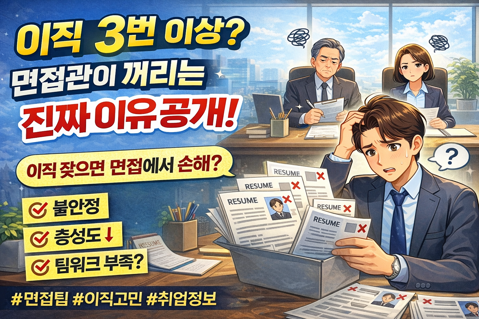 면접관 앞에서 긴장한 구직자가 이직 횟수로 인해 불리한 상황에 놓인 장면