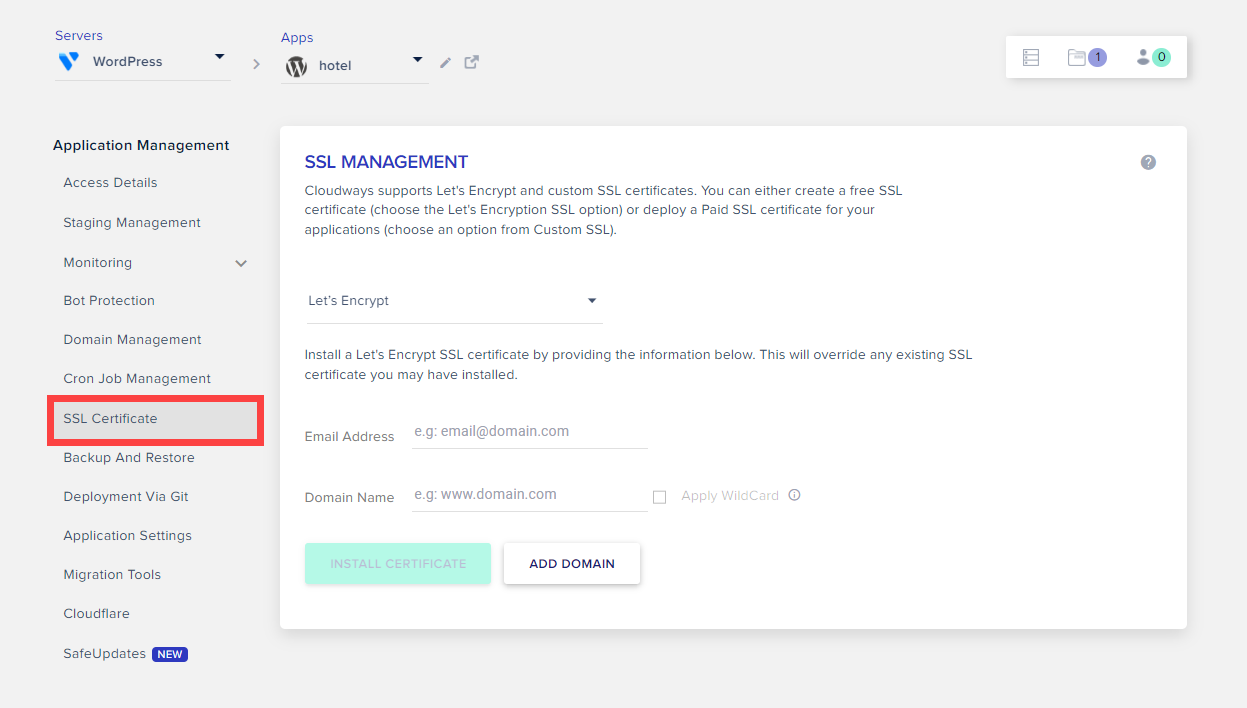 클라우드웨이즈 SSL 인증서 설치