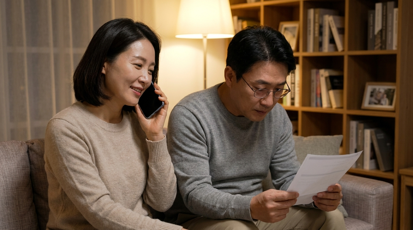 거실에서 카드사 전화 상담하는 부부