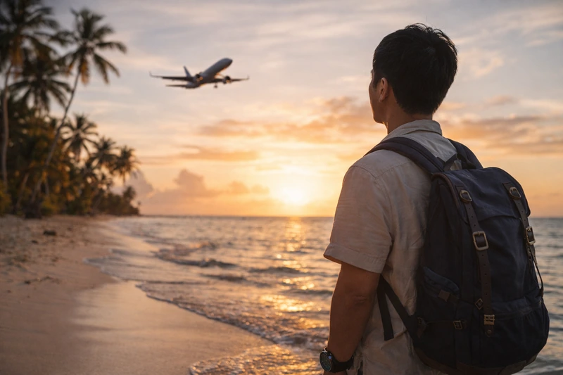 야자수가 늘어선 열대 해변의 노을 아래에서 배낭과 다이빙 시계를 착용한 남성이 멀리 이륙하는 비행기를 바라보고 있는 여행 감성 이미지