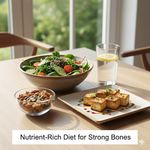 신선한 샐러드, 두부 요리, 견과류가 차려진 정갈한 한 끼 식탁