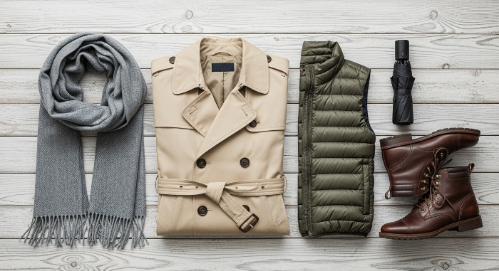11월 유럽 여행 필수 옷차림: 트렌치코트, 경량 패딩, 목도리 등 레이어드 아이템 모음