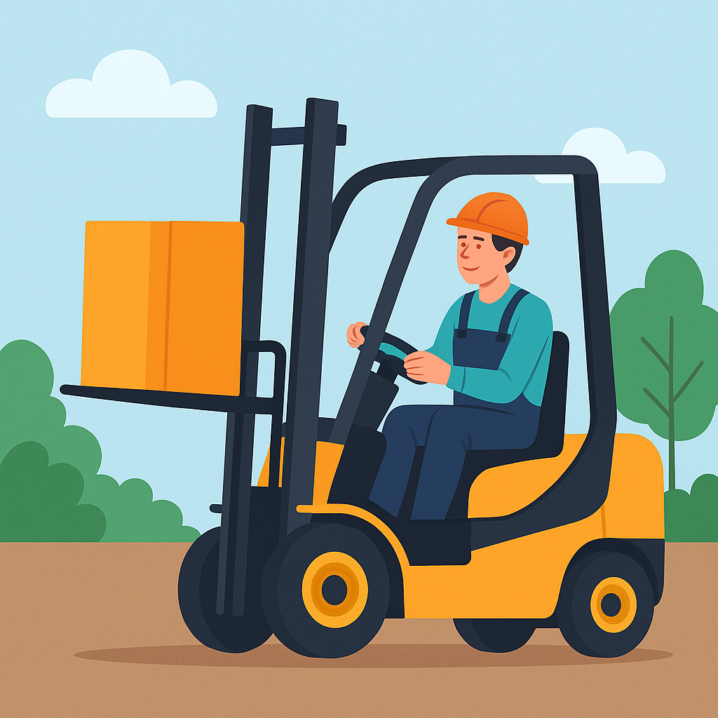 주황색 안전모를 쓴 남성이 노란 지게차를 운전하며 박스를 운반하고 있는 장면의 평면 일러스트, 배경에는 파란 하늘과 초록 나무가 함께 어우러진 야외 작업 현장 모습