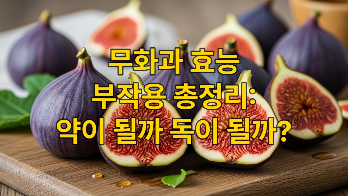 잘 익은 무화과 생과일과 반으로 잘린 무화과가 나무 도마 위에 놓여 있는 모습. 꿀이 살짝 뿌려져 있어 달콤하고 신선한 무화과의 효능과 맛을 시각적으로 강조합니다.