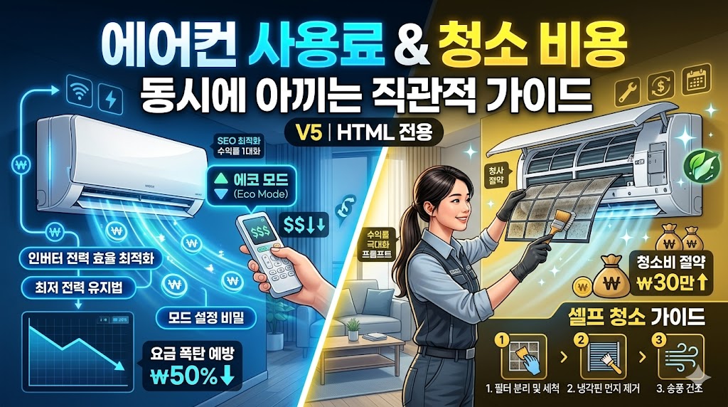 에어컨 리모컨을 조작하여 전기요금을 절약하는 모습과 에어컨 필터를 셀프 청소하는 가이드 이미지