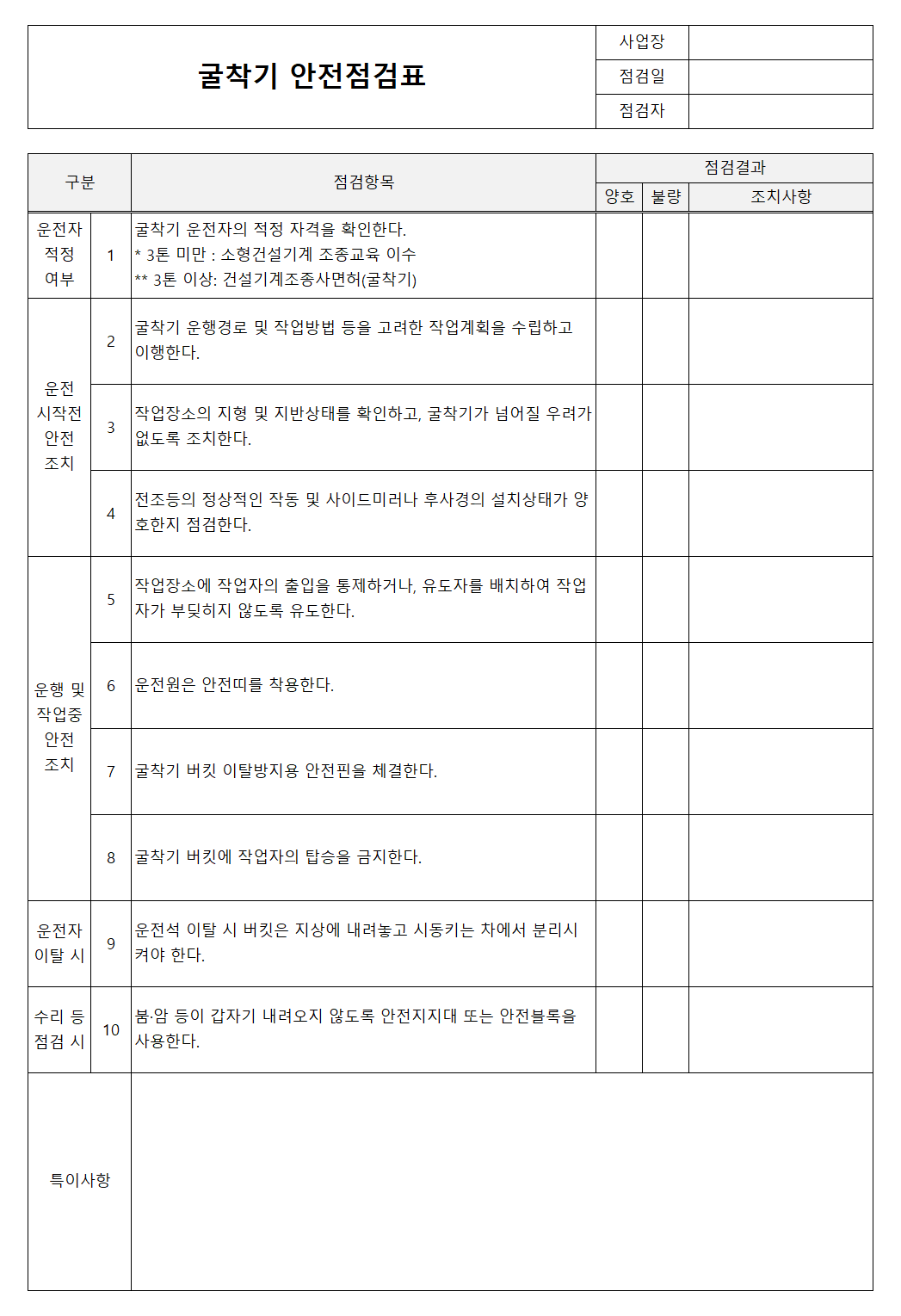 굴착기 안전점검표