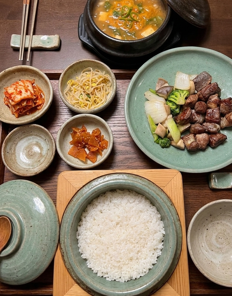 정갈한 솥밥과 된장찌개, 소고기 볶음, 김치 등 밑반찬이 정갈하게 차려진 한국식 상차림 - 나무 트레이와 도자기 그릇을 활용한 식탁 인테리어 - 푸드 블로거 보라카이의 밥맛이 주인공인 건강한 식단