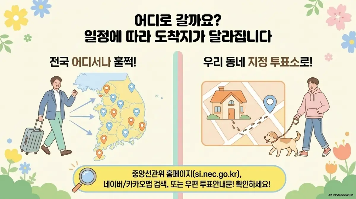지방선거 투표 시간:사전투표소와 본투표소의 차이를 지도 일러스트로 비교한 이미지. 왼쪽은 전국 어디서나 가능한 사전투표를 여행 가방을 든 사람과 대한민국 지도로 표현하고 오른쪽은 주소지 지정 투표소로만 가야 하는 본투표를 집과 위치 핀으로 표현하며 선관위 홈페이지와 네이버 지도와 카카오맵 그리고 우편 투표안내문으로 확인할 수 있다는 안내가 포함되어 있다