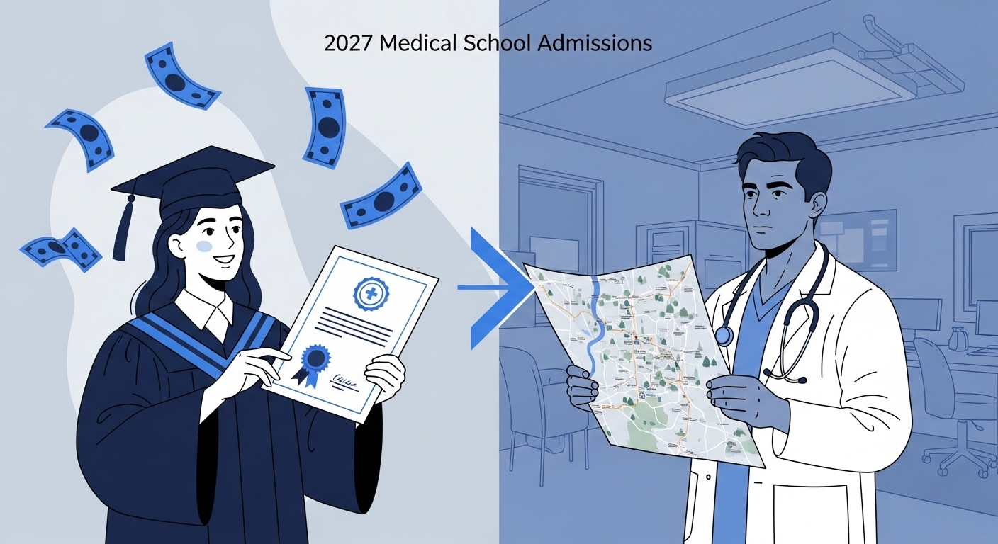 2027학년도 의대 지역의사제: 학비 지원과 10년 의무 복무를 상징하는 시각적 비교