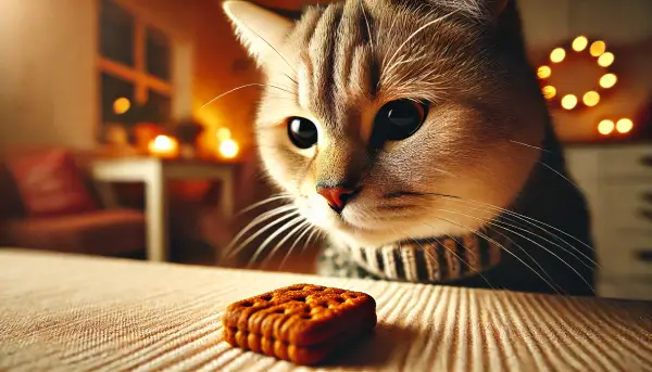 간식을 먹기 전에 신중하게 냄새를 맡고 있는 고양이