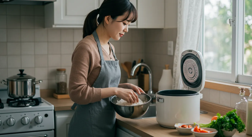 주방에서 밥을 짓고있는 여성 이미지