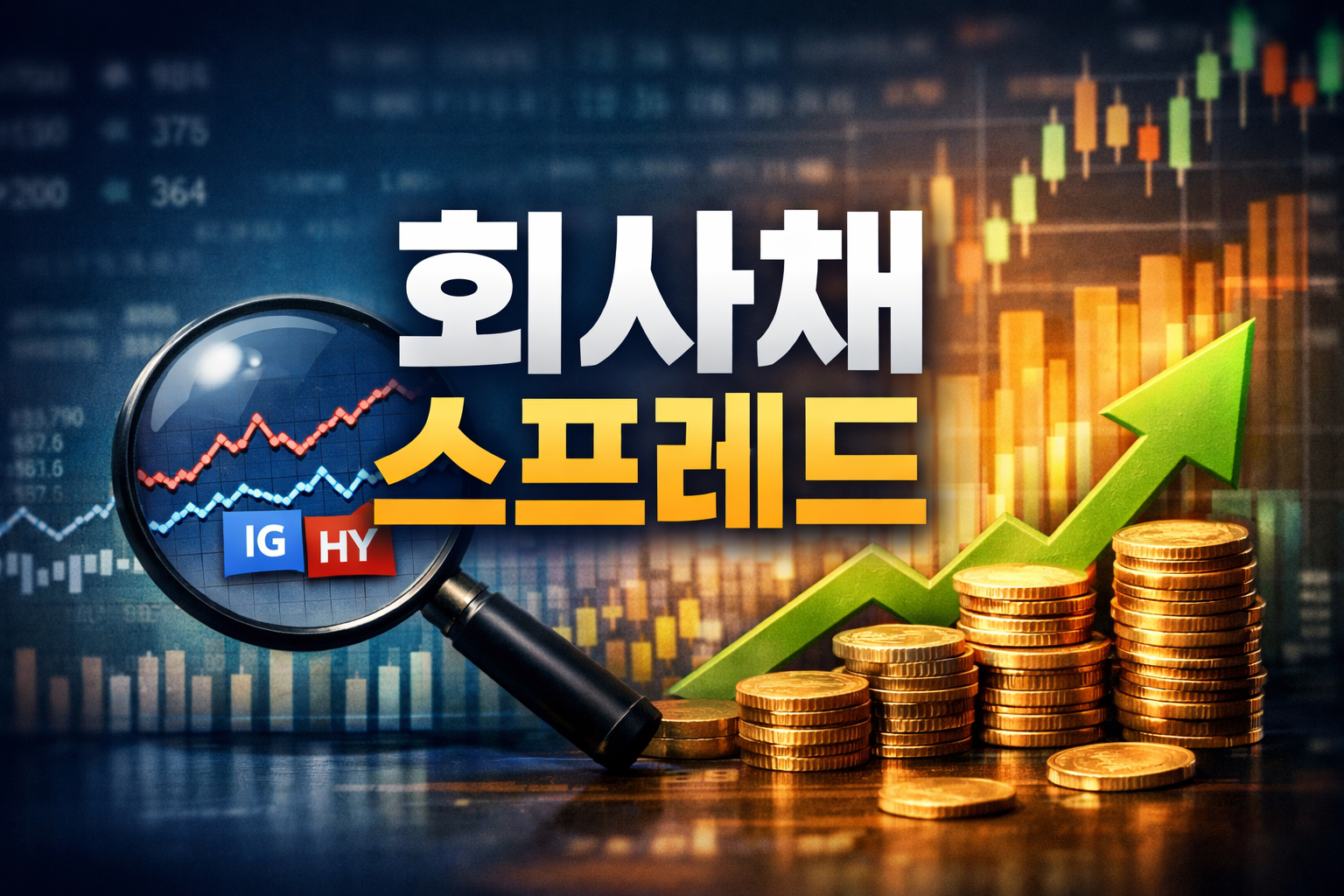 회사채 스프레드 썸네일 이미지, IG와 HY 비교 그래프와 상승 화살표 및 코인 일러스트를 활용한 금융 개념 이미지