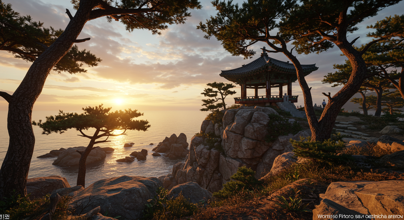 양양 하조대 정자와 소나무 숲길 너머로 떠오르는 이국적인 일출